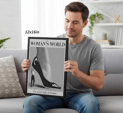 Framed Retro Feminist Canvas Wall Art Vintage Black And White Trendy High Heel It's a Women's World Quote Painting Picture Wall Decor Poster Print Artwork for Dorm Bedroom Living Room Home Decoration