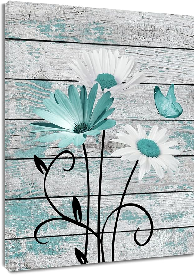 HVEST Farmhouse Floral Wall Art for Living Room, Teal and White Daisy Flower and Butterfly on Rustic Wood Board Canvas Wall Art Framed Artwork Ready to Hang for Bathroom Bedroom Decor, 16L X 12W