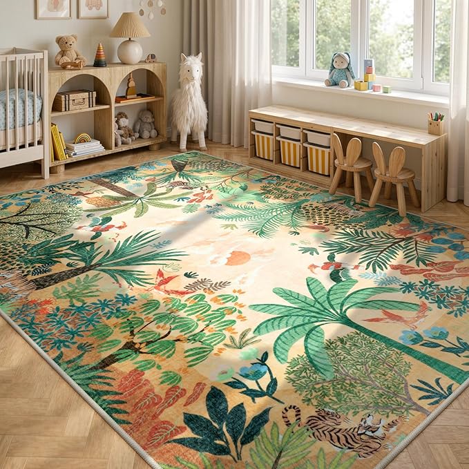 LIVEBOX Large 9x12 Forest Area Rug for Living Room, Soft Washable Sun Yellow Rugs for Bedroom, Non Slip Ultra Thin Floor Carpet Jungle Animal Print Rugs for Dining Room