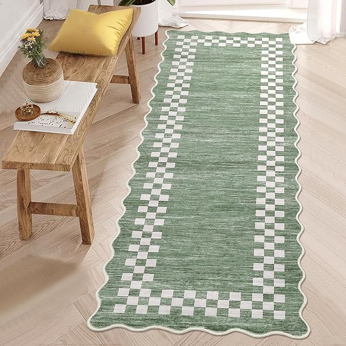 Washable Runner Rug 2x10 Modern Bordered Hallway Runner Rug Non Slip Kitchen Throw Carpet Checkered Bathroom Entryway Runner Rugs Low Pile Solid Area Rugs for Living Room Bedroom Nursery Sink, Green