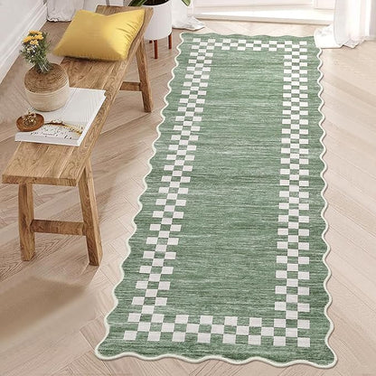 Washable Runner Rug 2x10 Modern Bordered Hallway Runner Rug Non Slip Kitchen Throw Carpet Checkered Bathroom Entryway Runner Rugs Low Pile Solid Area Rugs for Living Room Bedroom Nursery Sink, Green