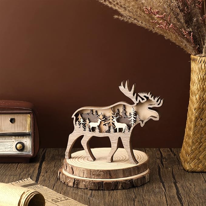 Honoson Forest Animal Rustic Wall Art - Wooden Farmhouse Wall Decoration - Wooden Animal Decor - Brown, Deer Style