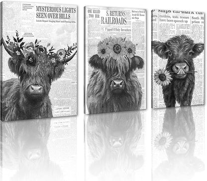 Black and White Highland Cow Canvas Wall Art 3 Panel Rustic Floral Highland Cow Poster Wall Decor Vintage Funny Farm Animal Artwork for Country Apartment Living Room Hotel Decoration 24x36inchx3pcs