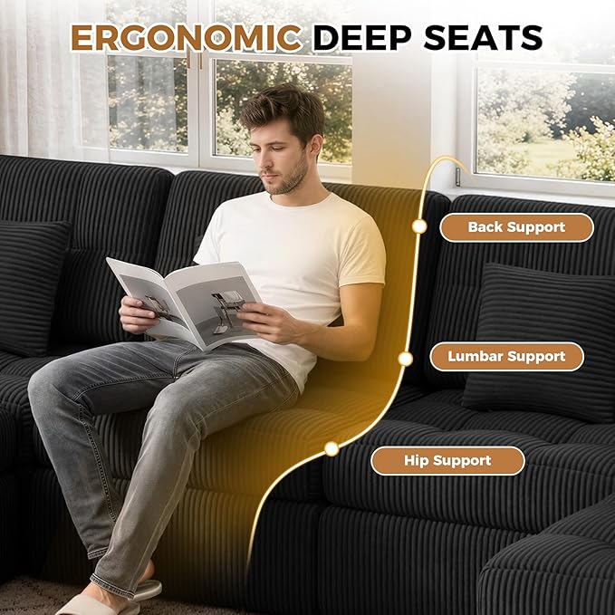 144" U Shaped Cloud Boneless Couch,Modern Modular Sectional Sofa with Layered Cushion,No Assembly Convertible Corduroy Couches for Living Room,Black 1 PCS