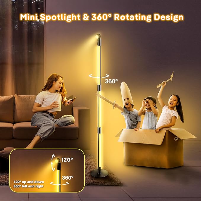 SANBEN RGB+IC Floor Lamp, Smart LED Corner Lamp with Music Sync and 16 Million DIY Colors, App & Remote Control, 360° Rotating Standing Floor Lamp with Spotlight for Bedroom Living Room