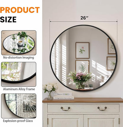Round Bathroom Mirror for Wall, 2 Pack 26 inch Circle Bathroom Mirrors for Over Sink, Modern Circular Metal Frame for Vanity, Entryway, Bedroom, Living Room(Black)