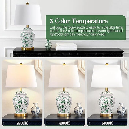 QiMH Chinoiserie Ceramic Table Lamps Set of 2 for Living Room, Vintage Traditional Bedside Lamps for Nightstands, 22" Large Green and White Table Lamp for Bedroom Cottage, Gold(LED Bulbs Included)