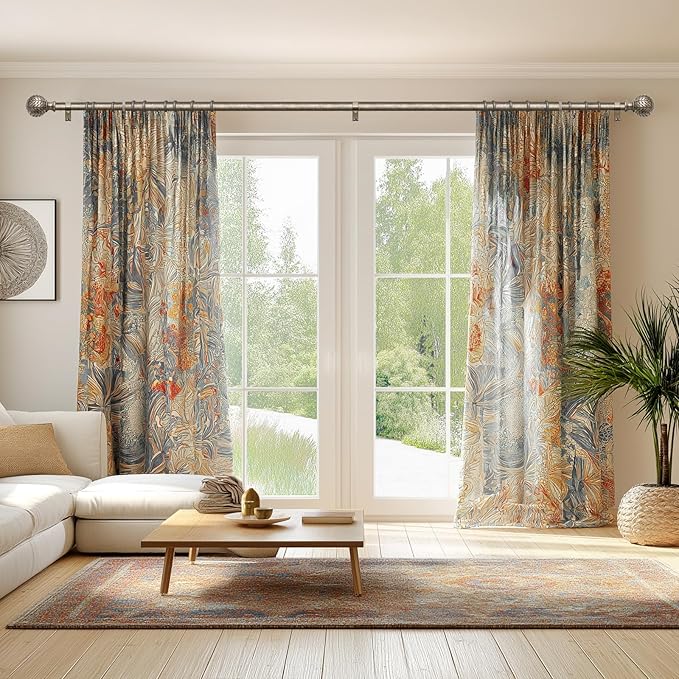 QDWIS 2 Pack Silver Curtain Rods for Windows 48 to 84 Inch,1'' Diameter Drapery Rods with Leaf Pattern Finials,Boho Adjustable Heavy Duty Curtain Rods Set,36-88'',Retro Silver