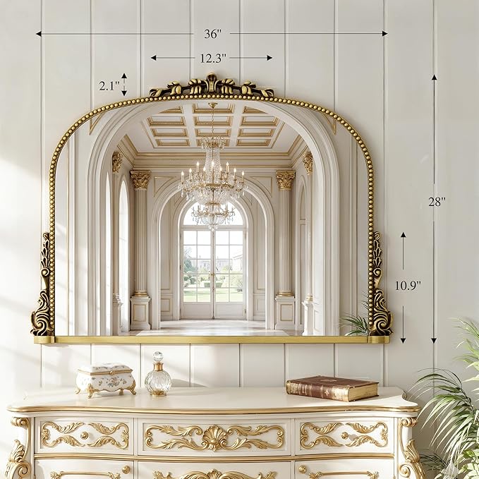26x38 inch Vintage Arched Gold Ornate Baroque Mirror - Wall Vanity Mirror with Beautiful Retro Top and Bottom Engraving Process Frame for Bathroom, Living Room, Fireplace, Entryway, HD Tempered Glass