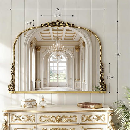 26x38 inch Vintage Arched Gold Ornate Baroque Mirror - Wall Vanity Mirror with Beautiful Retro Top and Bottom Engraving Process Frame for Bathroom, Living Room, Fireplace, Entryway, HD Tempered Glass