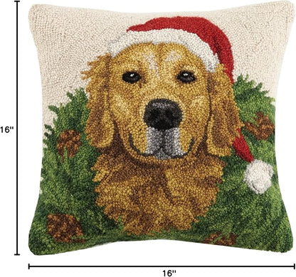 Peking Handicraft 31SJM8395C16SQ Christmas Dogs Hook in Wreath Golden Retriever Wool Throw Pillow, Multicolored