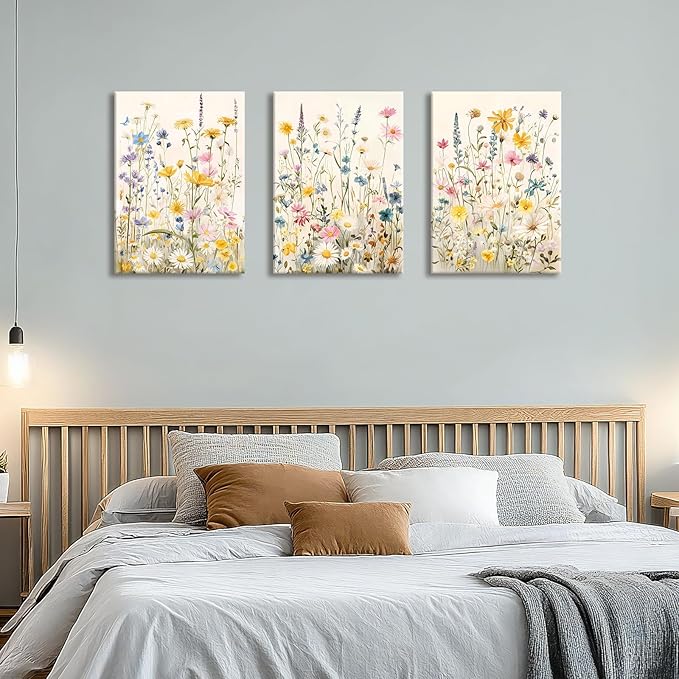 WENGTIAO 3Pcs Framed Colorful Wildflower Canvas Wall Art, Yellow Watercolors Flowers Wall Pictures Floral Canvas Prints Wall Decor Paintings for Living Room Girls Bedroom Ready to Hang 20"x28"x3