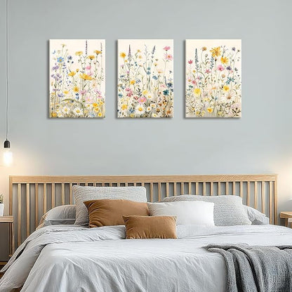 WENGTIAO 3Pcs Framed Colorful Wildflower Canvas Wall Art, Yellow Watercolors Flowers Wall Pictures Floral Canvas Prints Wall Decor Paintings for Living Room Girls Bedroom Ready to Hang 20"x28"x3
