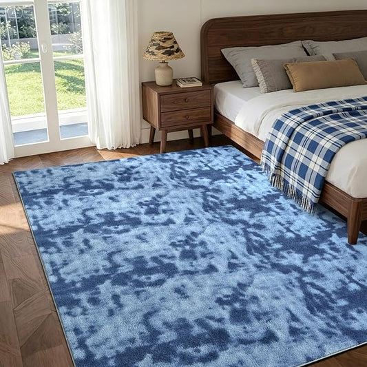 FinRèc 4x6 Washable Area Rugs for Bedroom Living Room, Low Pile Thin Ultra Soft Shag Rug, Non-Slip Carpet Indoor for Home Decor (Tie-dye Teal)