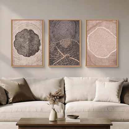 HOURIA Neutral Brown Tree Rings Framed Canvas Wall Art Set,Vintage Abstract Dark Gray Wood Stump Wall Decor,Modern Minimalist Wood Grain Slice Artwork for Living Room,Bedroom,Farmhouse- 24"x36"x3