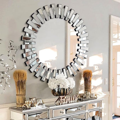 Chende 40'' Large Round Mirror, Modern 3D Decoratiave Wall Mirror with Beveled Glass, Elegant Frameless Circle Mirror for Dining Room, Living Room, Fireplace, Entryway