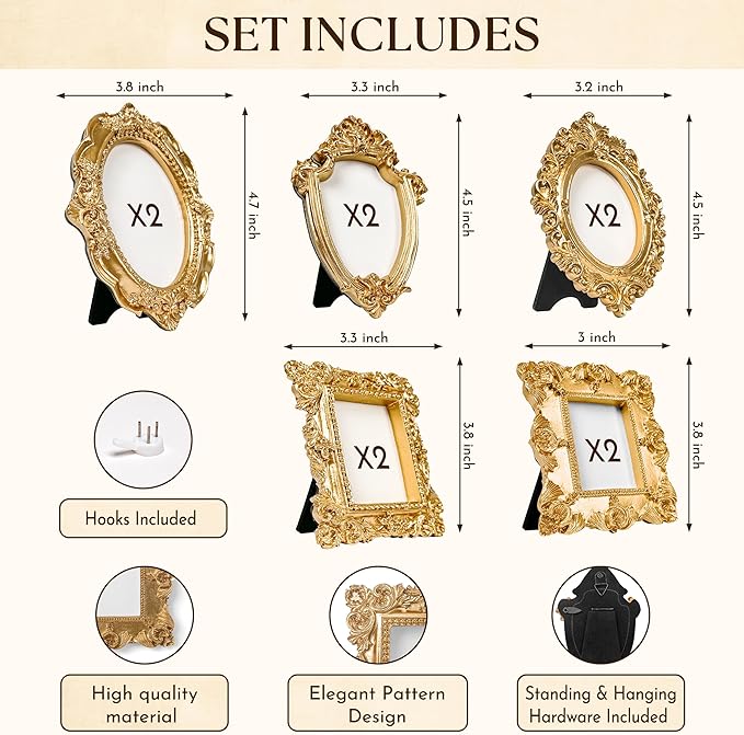 97 Decor Small Rose Gold Picture Frames Set - 10 Pcs Oval Rectangle Golden Mini Frames, Baroque Gallery Wall Frame Pack, Assorted Vintage Frame For Wall Decor (With Backing, Without Glass)