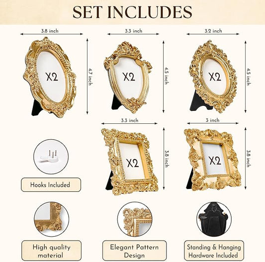 97 Decor Small Rose Gold Picture Frames Set - 10 Pcs Oval Rectangle Golden Mini Frames, Baroque Gallery Wall Frame Pack, Assorted Vintage Frame For Wall Decor (With Backing, Without Glass)