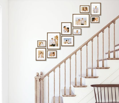 VELISTA 11 Piece Stair Picture Frame Set for Wall – Shadow Box Stairwell Gallery Wall Frame Set–Rustic Stairway Décor for Walls -Wooden Ladder Picture Frames - Farmhouse Staircase Wall Décor(Walnut)