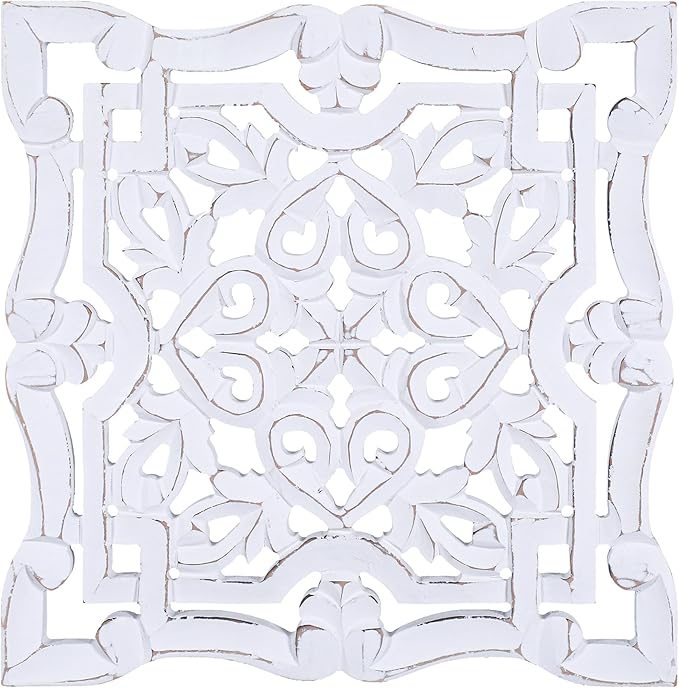 Woodify Hand-Carved Wooden Wall Décor – Set of 4, 12" x 12" Decorative Wood Panels, Floral Design, White Antique Finish, Wall Art for Living Room & Home Décor