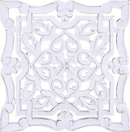 Woodify Hand-Carved Wooden Wall Décor – Set of 4, 12" x 12" Decorative Wood Panels, Floral Design, White Antique Finish, Wall Art for Living Room & Home Décor