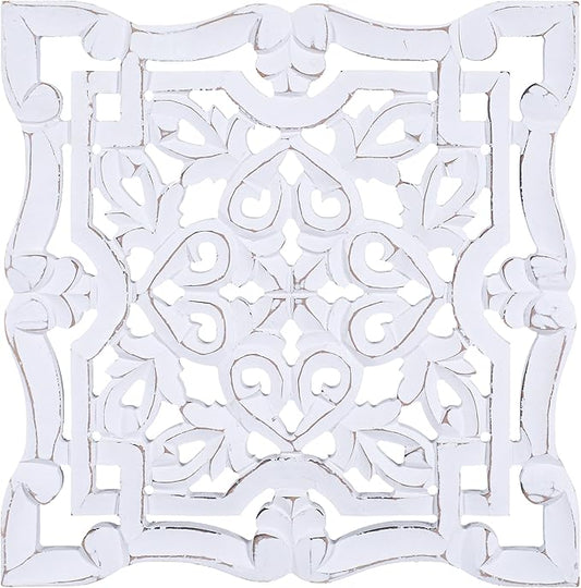 Woodify Hand-Carved Wooden Wall Décor – Set of 4, 12" x 12" Decorative Wood Panels, Floral Design, White Antique Finish, Wall Art for Living Room & Home Décor