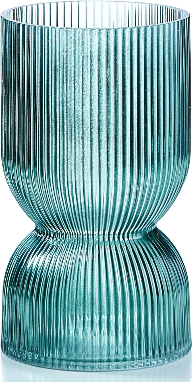 7.5 inch Vase for Flowers, Ribbed Thickened Glass Green Vases, Hourglass Bud Flower Vase for Bookshelf, Dinner Table, Indoor Office Desktop, Meeting Room, Bathroom, Home Decor, Christmas Decoration