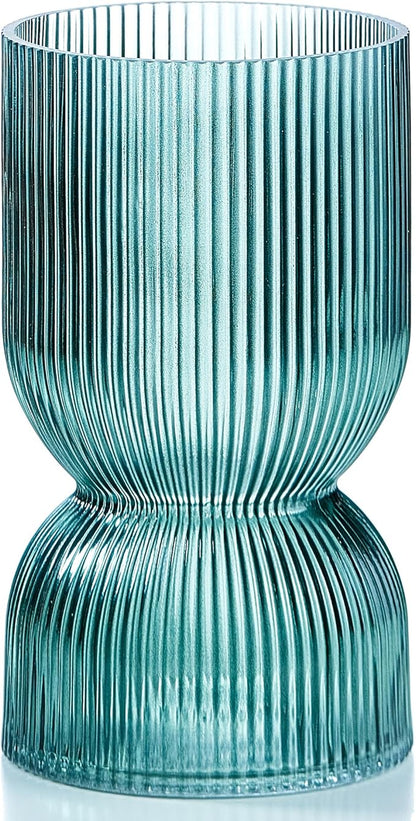 7.5 inch Vase for Flowers, Ribbed Thickened Glass Green Vases, Hourglass Bud Flower Vase for Bookshelf, Dinner Table, Indoor Office Desktop, Meeting Room, Bathroom, Home Decor, Christmas Decoration