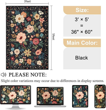 DUKINO 3x5 Area Rug, Floral Rugs for Living Room, Lightweight Non Slip Washable Rug, Indoor Low Pile & Non-Shedding Boho Design Rugs for Bedroom, Living Room, Dining Room, Black