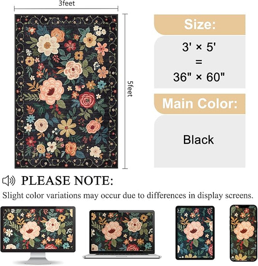 DUKINO 3x5 Area Rug, Floral Rugs for Living Room, Lightweight Non Slip Washable Rug, Indoor Low Pile & Non-Shedding Boho Design Rugs for Bedroom, Living Room, Dining Room, Black