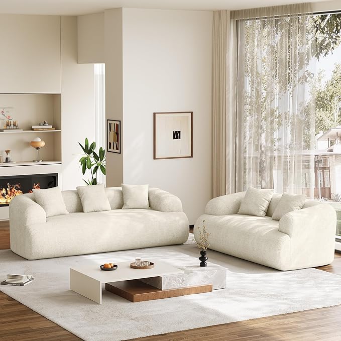 Boneless Couch Set, 91" + 75'' Cloud Couch Set, Chenille Curved Sofa, Modern Compression Sofa for Living Room, Bedroom and Apartment, No Assembly Required, Beige White