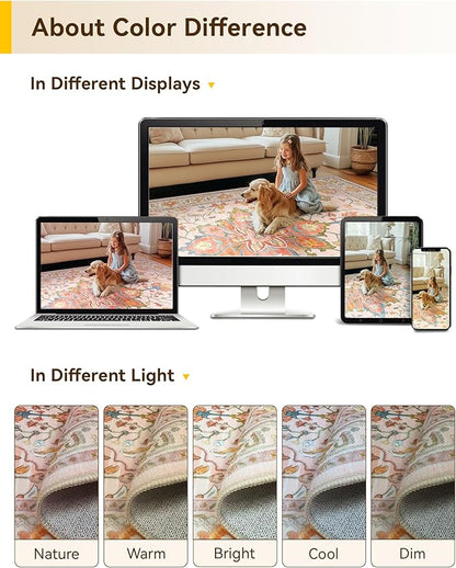 RELEANY Area Rugs Square 6ft Washable Non-Slip, Floral Vintage Distress Print Pattern Medallion Carpet for Living Room Bedroom Dining Room, Light Pink Colorful