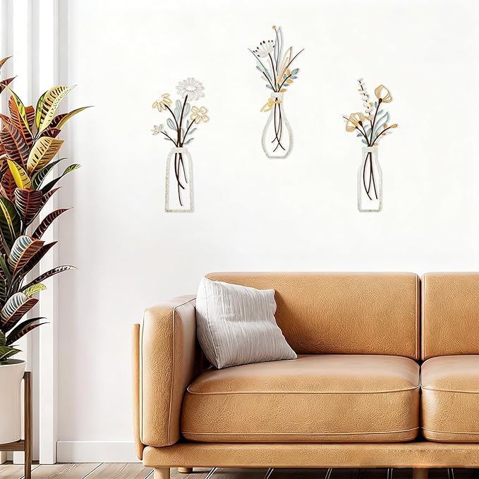 Azure Cantara 3 Pcs Metal Flowers Wall Decor Rustic Farmhouse Decor Beige Minimalist Wall Art Flower Decors for New Home Bathroom Kitchen Living Room Bedroom Housewarming Gifts