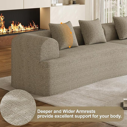 147" Oversized Sectional Sofa for Living Room, Modern Luxury Plush Chenille 4-Seater Extra Deep & Wide Seat Curved Cloud Couch with 4 Throw Pillows, No Assembly Needed, Light Brown