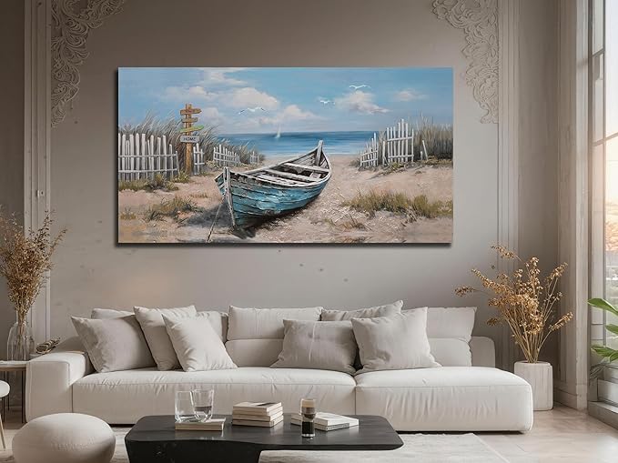 Ardemy Boat Canvas Wall Art Nautical Art Wall Decor for Living Room, Blue Teal Bedroom Picture Textured Beach Painting Framed Artwork Dining Room Home Office Kitchen, Extra Large 58"x29"
