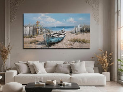 Ardemy Boat Canvas Wall Art Nautical Art Wall Decor for Living Room, Blue Teal Bedroom Picture Textured Beach Painting Framed Artwork Dining Room Home Office Kitchen, Extra Large 58"x29"