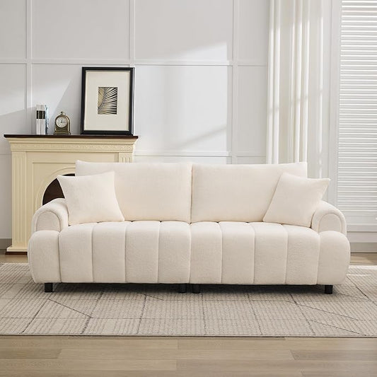 88 "Modern Boucle Sofa Couch, Oversized Comfy 3 Seater Sherpa Curved Sofas Deep Seat, Upholstered Loveseat Teddy Round Arm Couches for Living Room, Bedroom, Beige
