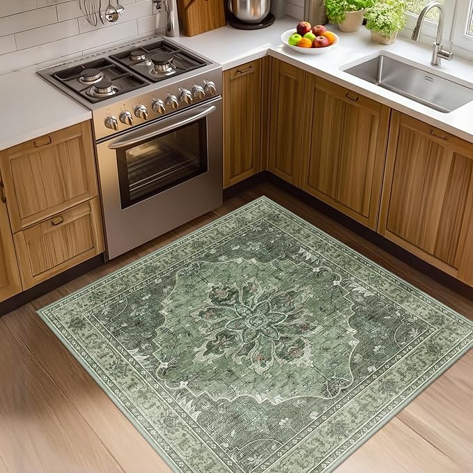 RELEANY Area Rugs Square 4ft Washable Non-Slip, Floral Vintage Distress Print Pattern Medallion Carpet for Living Room Bedroom Dining Room, Dark Green Gray