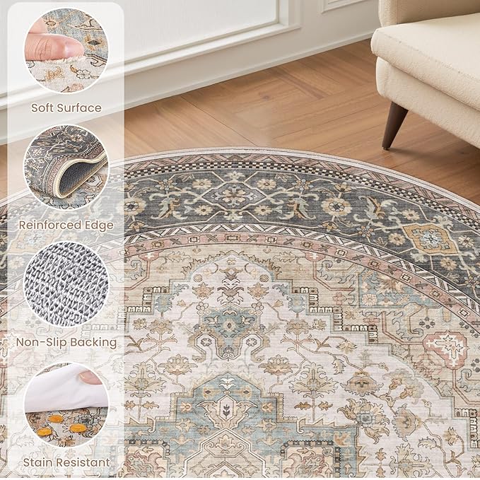 EIEIHOUSE 6ft Round Rugs for Living Room - Washable Neutral Vintage Farmhouse Large Soft Floor Area Rug Indoor Distressed Carpet for Bedroom Dining Room Office - Forest Green Orange