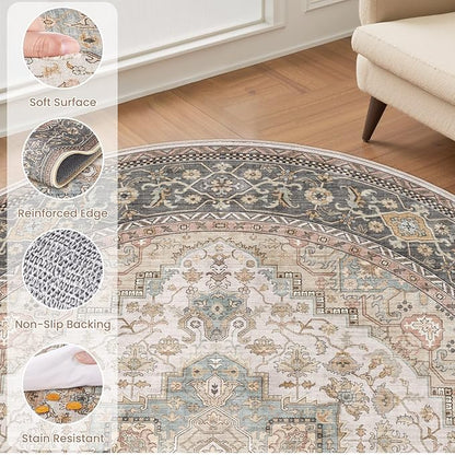 EIEIHOUSE 6ft Round Rugs for Living Room - Washable Neutral Vintage Farmhouse Large Soft Floor Area Rug Indoor Distressed Carpet for Bedroom Dining Room Office - Forest Green Orange