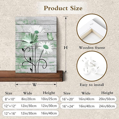 HVEST Country Green Floral Wall Art for Living Room Daisy Flower with Butterfly on Vintage Wood Canvas Wall Art Rustic Farmhouse Wildflower Pictures for Bathroom Bedroom Wall Decor,20L X 16W Inches