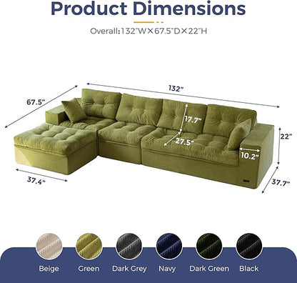 MAXYOYO 132" L Shaped Modular Sectional Sofa with Ottoman, Cloud Boneless Couch with Layered Cushion, Upholstered Sofa in a Box, Flexible Module Combination for Living Room, No Assembly, Green