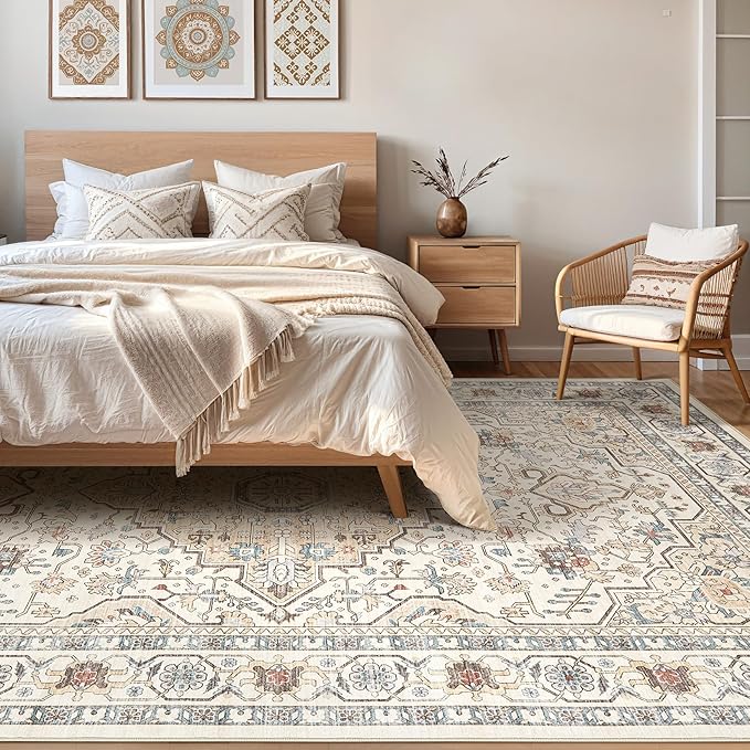 10x12 Area Rug Living Room: Washable Boho Large Neutral Vintage Soft Rugs Stain Resistant Farmhouse Non Slip Indoor Floor Carpet for Bedroom Nursery Kids Playroom Office Dining Room- Cream Blue