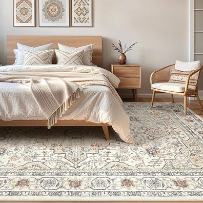 10x12 Area Rug Living Room: Washable Boho Large Neutral Vintage Soft Rugs Stain Resistant Farmhouse Non Slip Indoor Floor Carpet for Bedroom Nursery Kids Playroom Office Dining Room- Cream Blue