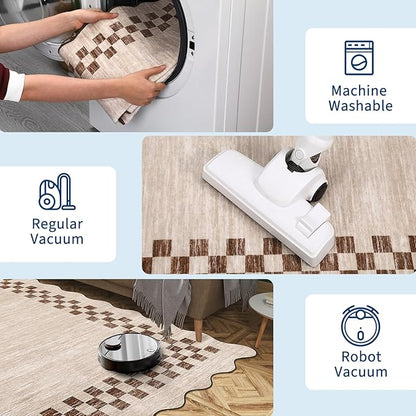 6ft Washable Round Rug for Entryway Modern Checkered Bedroom Circle Rug Non Slip Soft Dining Room Round Throw Carpet Large Stain Resistant Border Round Rugs for Living Room Kitchen Bathroom, Beige