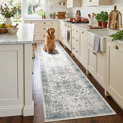 Rugxara 2x10 Washable Runner Rug, Non Slip Boho Runner Rugs for Hallway, Kitchen, Entrance, Bathroom, Laundry Room, Soft Ultra-Thin Entryway Carpet, Throw Low Pile Retro Imitation Carpet, Blue Grey