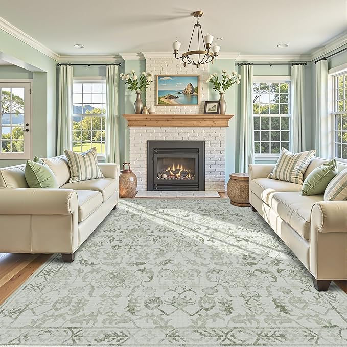 Deerly Sage Extra Large Area Rug 10x14 for Living Room, Distressed Washable Rug for Dining Room Bedroom, Anti-Slip Low-Pile and Soft Accent Rug Farmhouse Office Home Decor Light Green