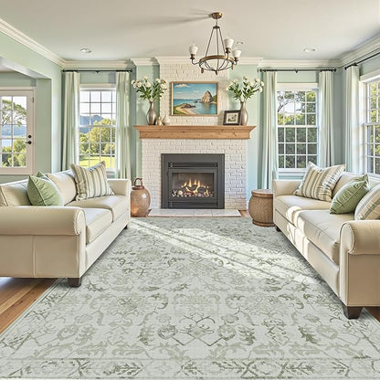 Deerly Sage Extra Large Area Rug 10x14 for Living Room, Distressed Washable Rug for Dining Room Bedroom, Anti-Slip Low-Pile and Soft Accent Rug Farmhouse Office Home Decor Light Green
