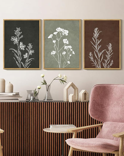 Drsoum Vintage Botanical Flower Boho Framed Wall Art Retro Floral Prints Wildflower Bohemain Neutral Rustic Artwork Kitchen Bedroom Ready to Hang 12x16in Natural Framed