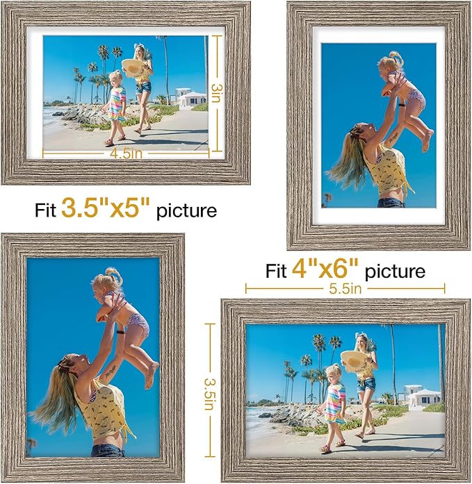 Vittanly 4x6 Picture Frames Set of 9, Display 3.5x5 Pictures with Mat or 4x6 without Mat, Photo Frames for Wall or Tabletop with Plexiglass, Engineered Wood, Grayish Brown